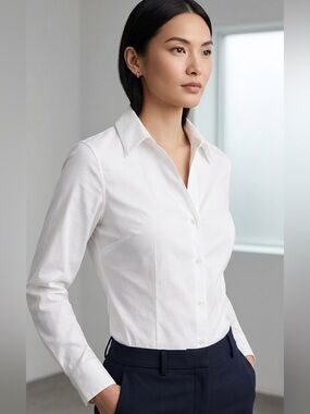 Calvin Klein Petite white Cotton Blend Non-Iron Stretch Button Blouse Long Slev